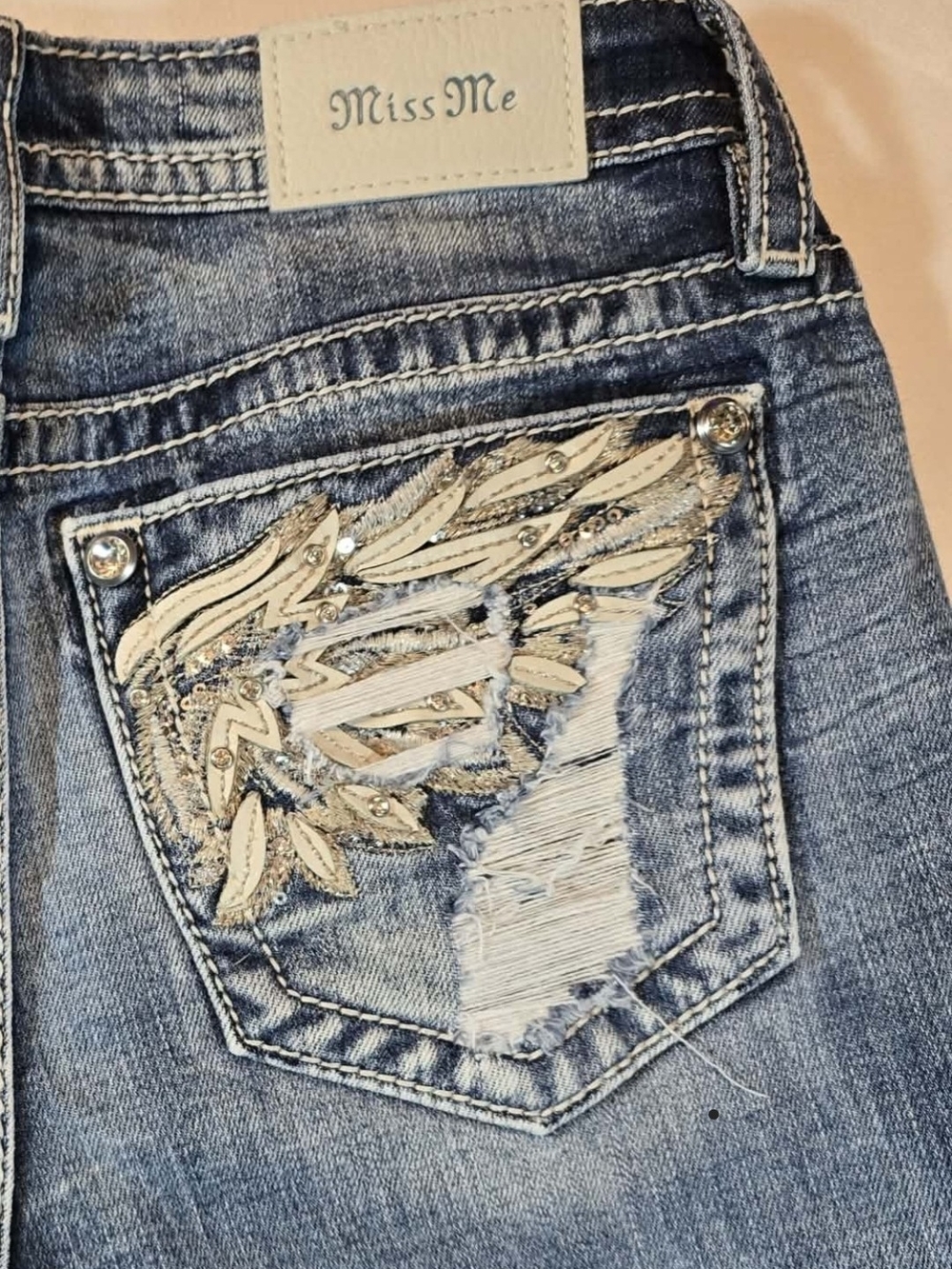 Miss Me Medium Blue Distressed Skinny Jeans with Crystal Wing Embellished Pocket